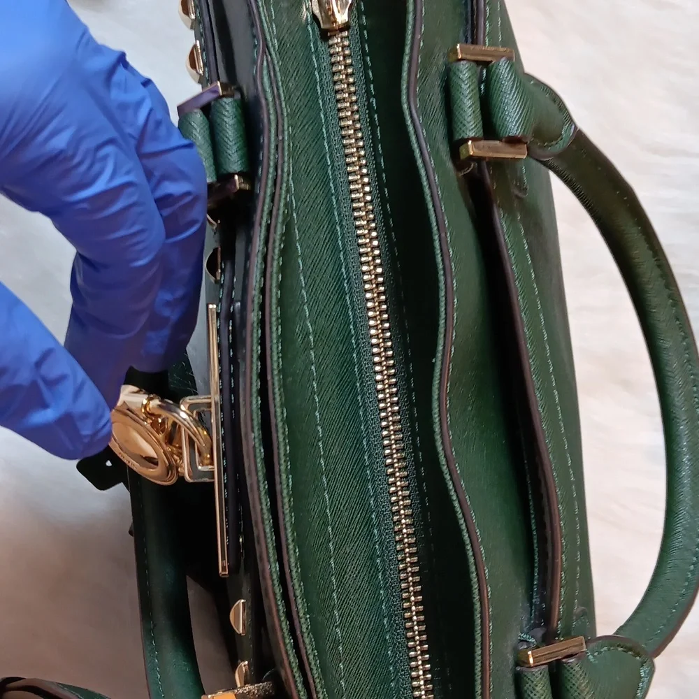 Michael Kors Hunter Green Traveler Studded Satchel Tote Bag - Picture 7 of 11